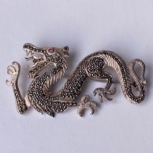 Stunning Vintage Dragon Silver Marcasite Pin